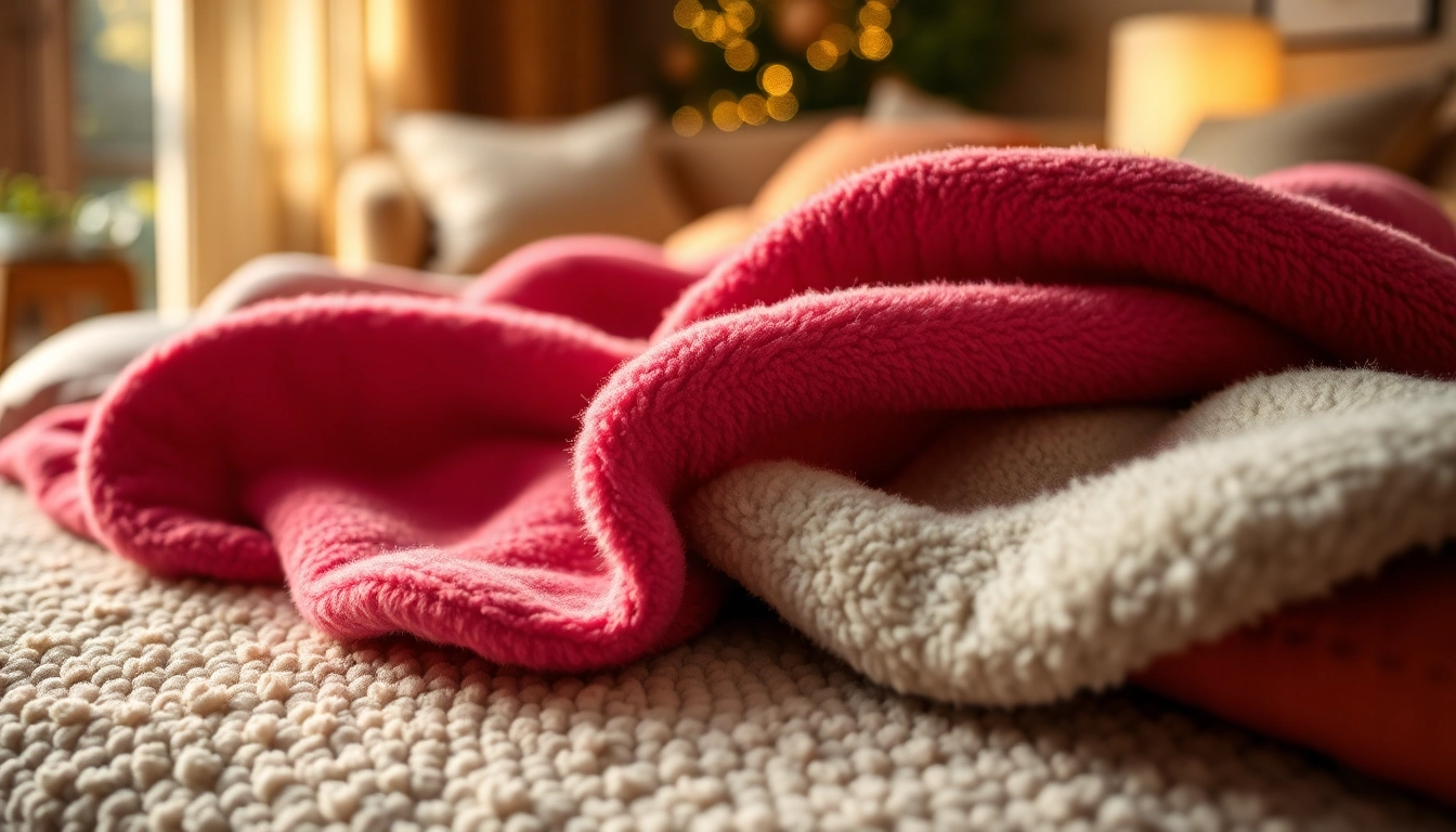 Fleece stof in verschillende texturen en kleuren op een gezellige achtergrond.