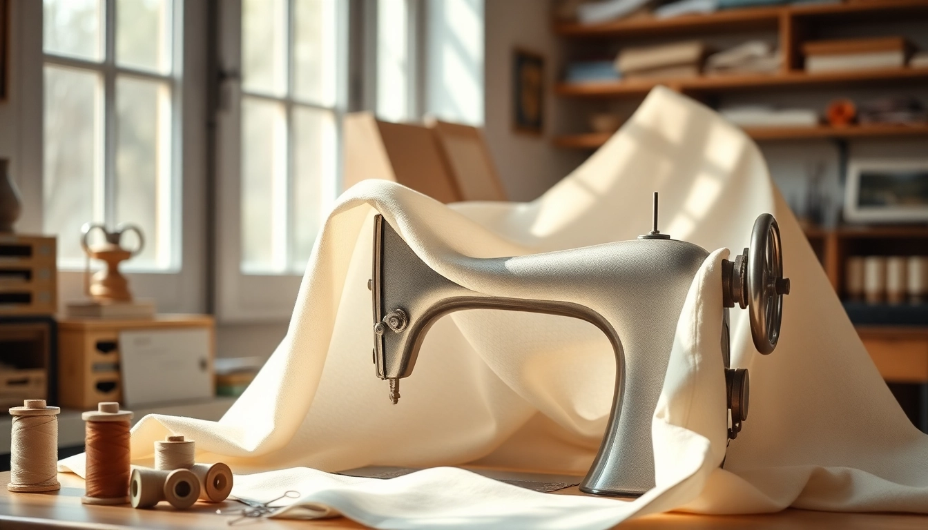 Mousseline stof soepel over een vintage naaimachine, perfect voor naaiprojecten.